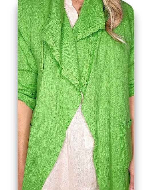 HELGA MAY_LONG DRAWSTRNG LINEN JACKET BRIGHT GREEN _ LONG DRAWSTRNG LINEN JACKET BRIGHT GREEN _ Ebony Boutique NZ