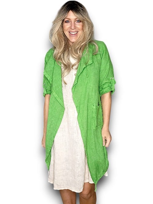 HELGA MAY_LONG DRAWSTRNG LINEN JACKET BRIGHT GREEN _ LONG DRAWSTRNG LINEN JACKET BRIGHT GREEN _ Ebony Boutique NZ