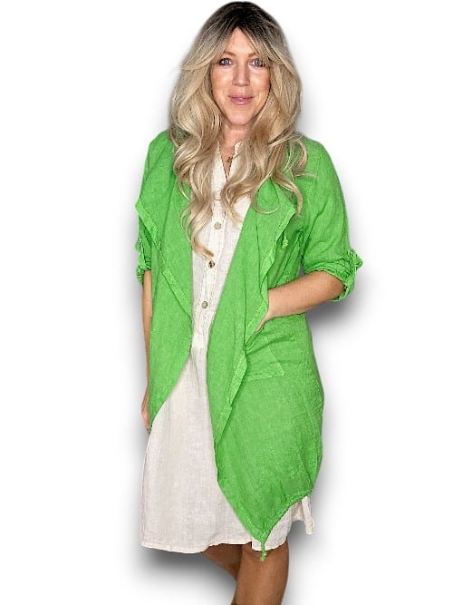 HELGA MAY_LONG DRAWSTRNG LINEN JACKET BRIGHT GREEN _ LONG DRAWSTRNG LINEN JACKET BRIGHT GREEN _ Ebony Boutique NZ