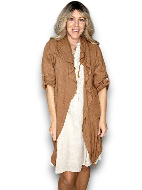 HELGA MAY_LONG DRAWSTRNG LINEN JACKET COFFEE _ LONG DRAWSTRNG LINEN JACKET COFFEE _ Ebony Boutique NZ