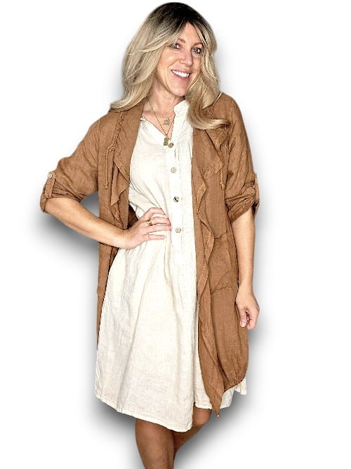 HELGA MAY_LONG DRAWSTRNG LINEN JACKET COFFEE _ LONG DRAWSTRNG LINEN JACKET COFFEE _ Ebony Boutique NZ