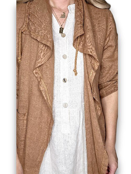 HELGA MAY_LONG DRAWSTRNG LINEN JACKET COFFEE _ LONG DRAWSTRNG LINEN JACKET COFFEE _ Ebony Boutique NZ