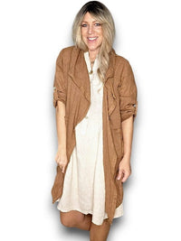 HELGA MAY_LONG DRAWSTRNG LINEN JACKET COFFEE _ LONG DRAWSTRNG LINEN JACKET COFFEE _ Ebony Boutique NZ