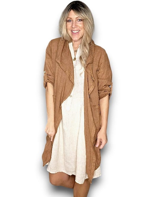 HELGA MAY_LONG DRAWSTRNG LINEN JACKET COFFEE _ LONG DRAWSTRNG LINEN JACKET COFFEE _ Ebony Boutique NZ