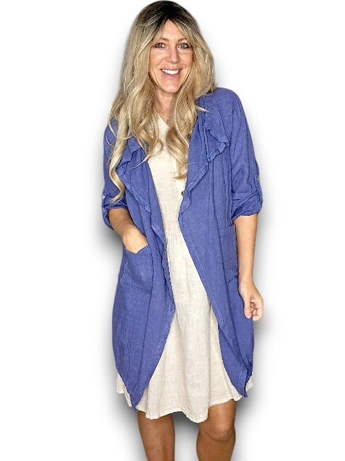 HELGA MAY_LONG DRAWSTRNG LINEN JACKET INDIGO _ LONG DRAWSTRNG LINEN JACKET INDIGO _ Ebony Boutique NZ