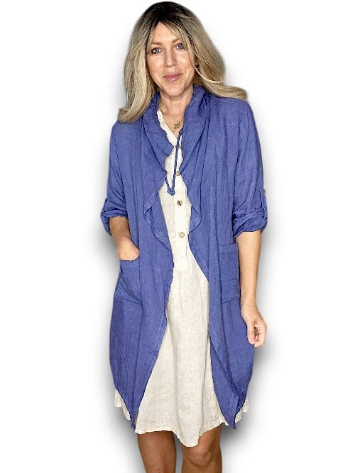 HELGA MAY_LONG DRAWSTRNG LINEN JACKET INDIGO _ LONG DRAWSTRNG LINEN JACKET INDIGO _ Ebony Boutique NZ