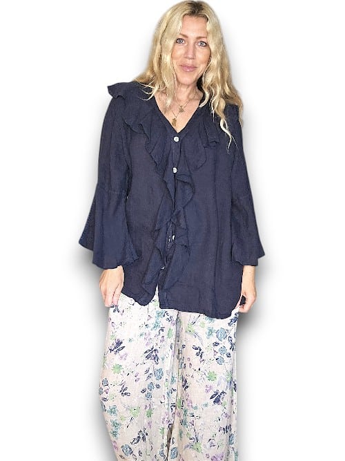 HELGA MAY_MADRID LINEN FRILL TUNIC LINEN NAVY _ MADRID LINEN FRILL TUNIC LINEN NAVY _ Ebony Boutique NZ