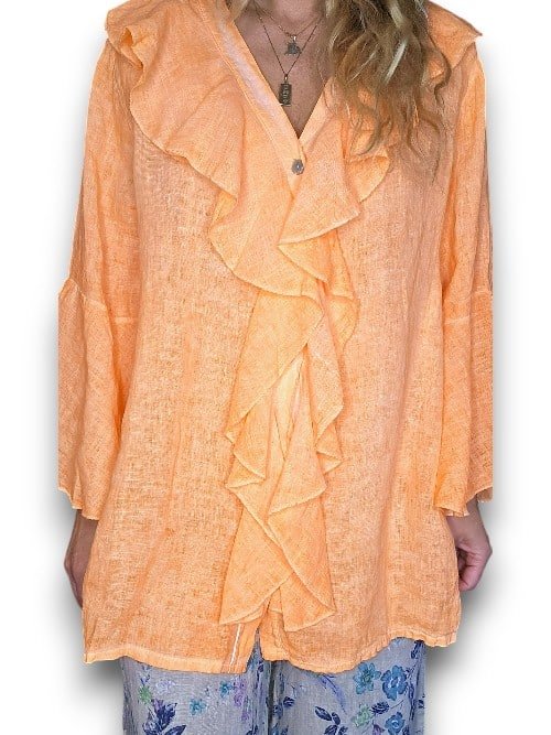 HELGA MAY_MADRID LINEN FRILL TUNIC LINEN NEON ORANGE _ MADRID LINEN FRILL TUNIC LINEN NEON ORANGE _ Ebony Boutique NZ