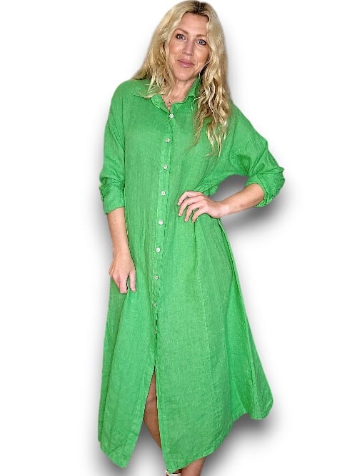 HELGA MAY_MAXI BUTTON SHIRT DRESS LINEN BRIGHT GREEN _ MAXI BUTTON SHIRT DRESS LINEN BRIGHT GREEN _ Ebony Boutique NZ