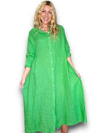 HELGA MAY_MAXI BUTTON SHIRT DRESS LINEN BRIGHT GREEN _ MAXI BUTTON SHIRT DRESS LINEN BRIGHT GREEN _ Ebony Boutique NZ