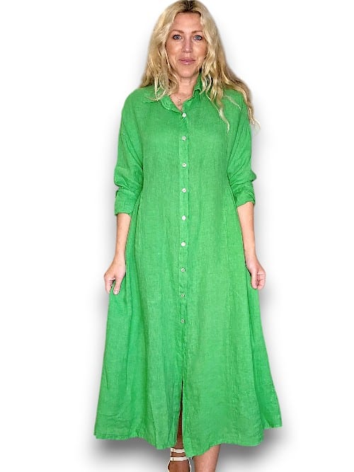 HELGA MAY_MAXI BUTTON SHIRT DRESS LINEN BRIGHT GREEN _ MAXI BUTTON SHIRT DRESS LINEN BRIGHT GREEN _ Ebony Boutique NZ