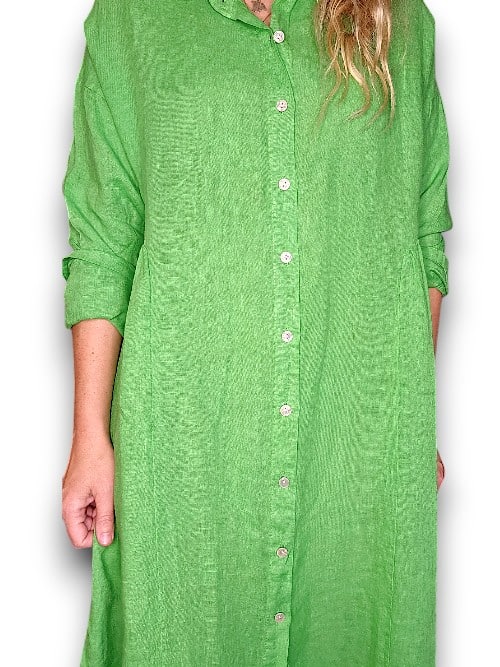 HELGA MAY_MAXI BUTTON SHIRT DRESS LINEN BRIGHT GREEN _ MAXI BUTTON SHIRT DRESS LINEN BRIGHT GREEN _ Ebony Boutique NZ