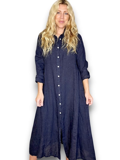 HELGA MAY_MAXI BUTTON SHIRT DRESS LINEN NAVY _ MAXI BUTTON SHIRT DRESS LINEN NAVY _ Ebony Boutique NZ