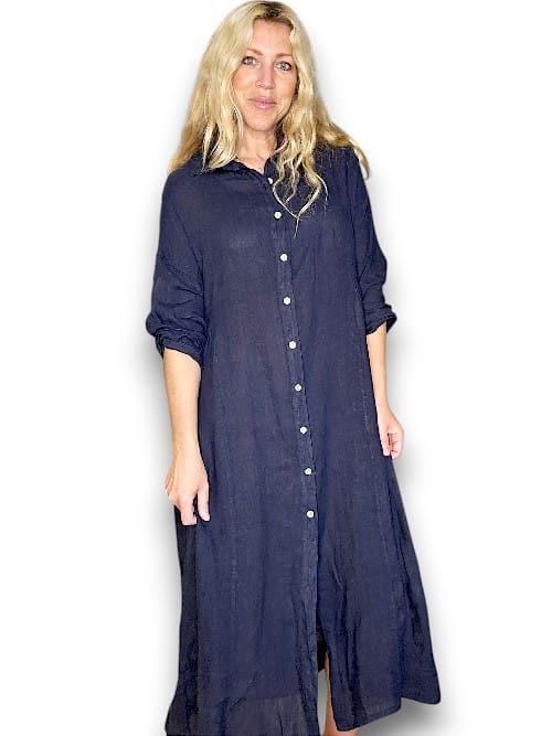 HELGA MAY_MAXI BUTTON SHIRT DRESS LINEN NAVY _ MAXI BUTTON SHIRT DRESS LINEN NAVY _ Ebony Boutique NZ