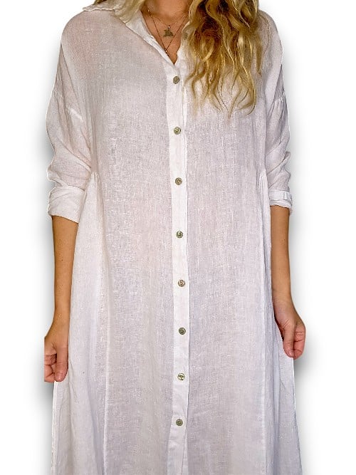 HELGA MAY_MAXI BUTTON SHIRT DRESS LINEN WHITE _ MAXI BUTTON SHIRT DRESS LINEN WHITE _ Ebony Boutique NZ