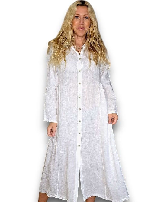 HELGA MAY_MAXI BUTTON SHIRT DRESS LINEN WHITE _ MAXI BUTTON SHIRT DRESS LINEN WHITE _ Ebony Boutique NZ