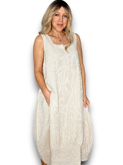 HELGA MAY_MAXI TANK DRESS LINEN STRIPE BEIGE _ MAXI TANK DRESS LINEN STRIPE BEIGE _ Ebony Boutique NZ