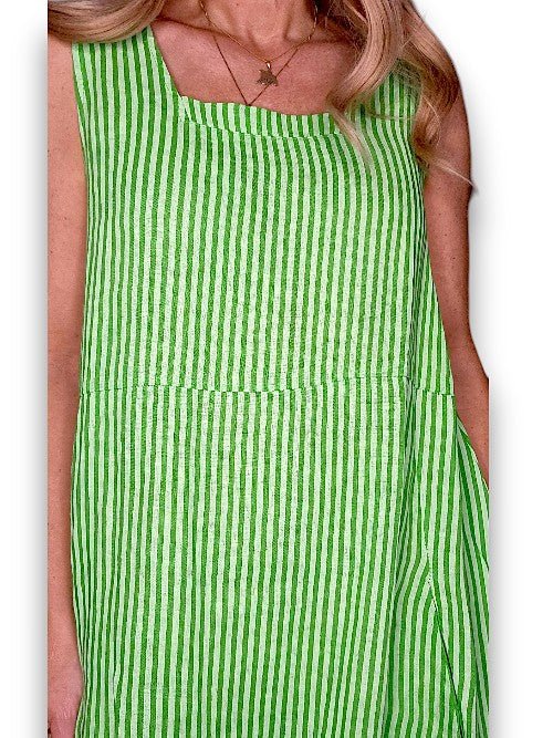 HELGA MAY_MAXI TANK DRESS LINEN STRIPE BRIGHT GREEN _ MAXI TANK DRESS LINEN STRIPE BRIGHT GREEN _ Ebony Boutique NZ