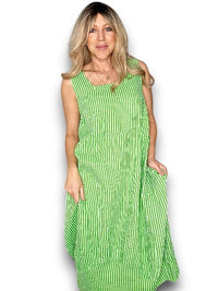 HELGA MAY_MAXI TANK DRESS LINEN STRIPE BRIGHT GREEN _ MAXI TANK DRESS LINEN STRIPE BRIGHT GREEN _ Ebony Boutique NZ