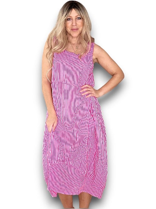 HELGA MAY_MAXI TANK DRESS LINEN STRIPE HOT PINK _ MAXI TANK DRESS LINEN STRIPE HOT PINK _ Ebony Boutique NZ