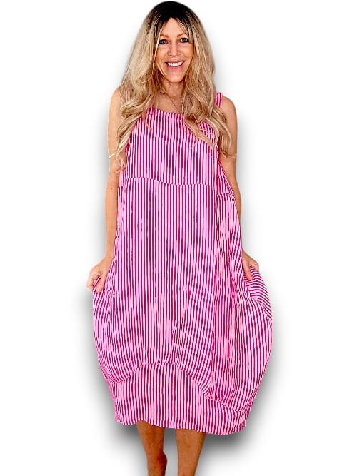 HELGA MAY_MAXI TANK DRESS LINEN STRIPE HOT PINK _ MAXI TANK DRESS LINEN STRIPE HOT PINK _ Ebony Boutique NZ