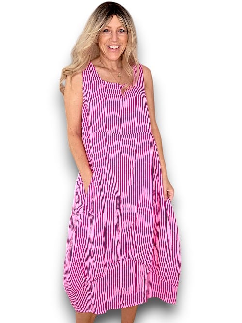 HELGA MAY_MAXI TANK DRESS LINEN STRIPE HOT PINK _ MAXI TANK DRESS LINEN STRIPE HOT PINK _ Ebony Boutique NZ