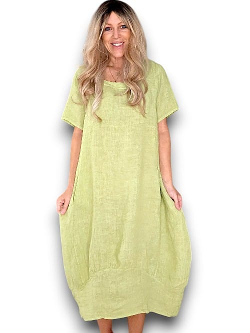 HELGA MAY_MID SLEEVE MAXI DRESS LINEN ANTIQUE LIME _ MID SLEEVE MAXI DRESS LINEN ANTIQUE LIME _ Ebony Boutique NZ