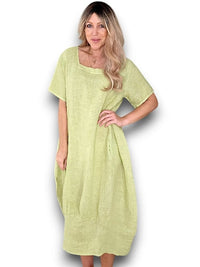 HELGA MAY_MID SLEEVE MAXI DRESS LINEN ANTIQUE LIME _ MID SLEEVE MAXI DRESS LINEN ANTIQUE LIME _ Ebony Boutique NZ