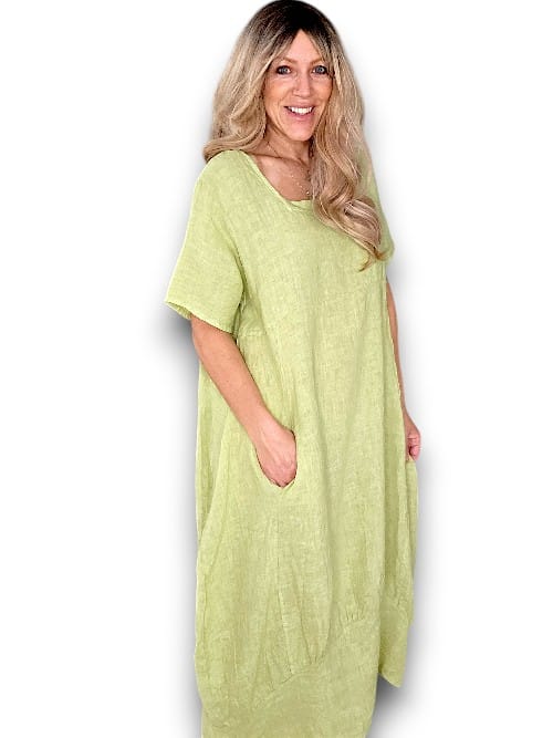 HELGA MAY_MID SLEEVE MAXI DRESS LINEN ANTIQUE LIME _ MID SLEEVE MAXI DRESS LINEN ANTIQUE LIME _ Ebony Boutique NZ