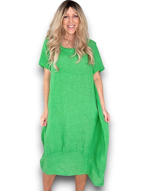 HELGA MAY_MID SLEEVE MAXI DRESS LINEN BRIGHT GREEN _ MID SLEEVE MAXI DRESS LINEN BRIGHT GREEN _ Ebony Boutique NZ