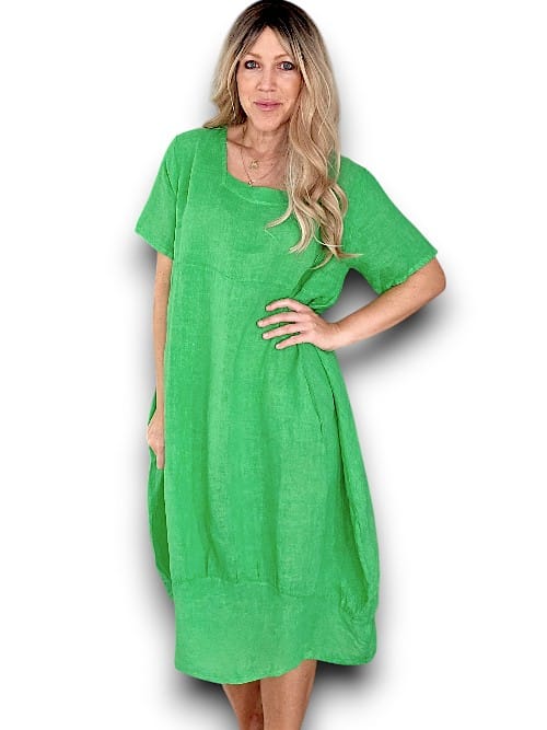 HELGA MAY_MID SLEEVE MAXI DRESS LINEN BRIGHT GREEN _ MID SLEEVE MAXI DRESS LINEN BRIGHT GREEN _ Ebony Boutique NZ