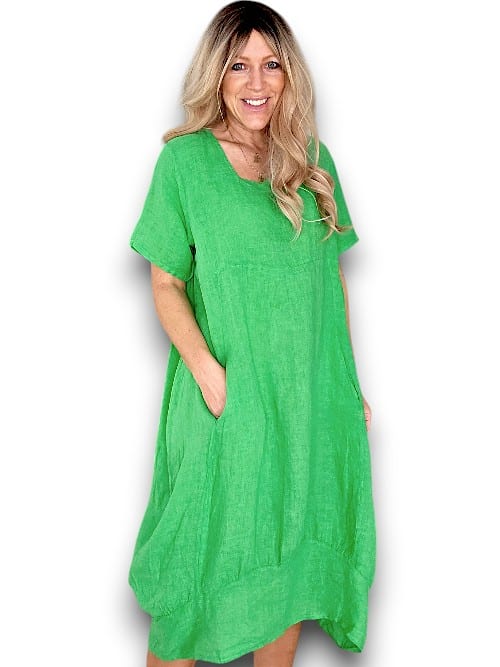 HELGA MAY_MID SLEEVE MAXI DRESS LINEN BRIGHT GREEN _ MID SLEEVE MAXI DRESS LINEN BRIGHT GREEN _ Ebony Boutique NZ