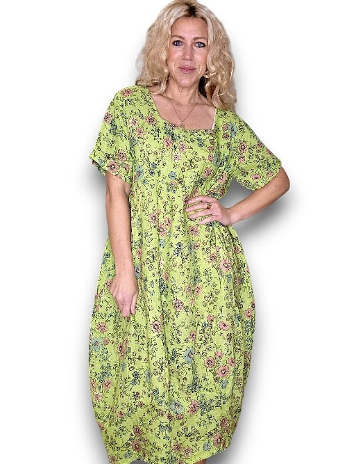 HELGA MAY_MID SLEEVE MAXI DRESS LINEN GRAPHIC BLOOM BRIGHT GREEN _ MID SLEEVE MAXI DRESS LINEN GRAPHIC BLOOM BRIGHT GREEN _ Ebony Boutique NZ