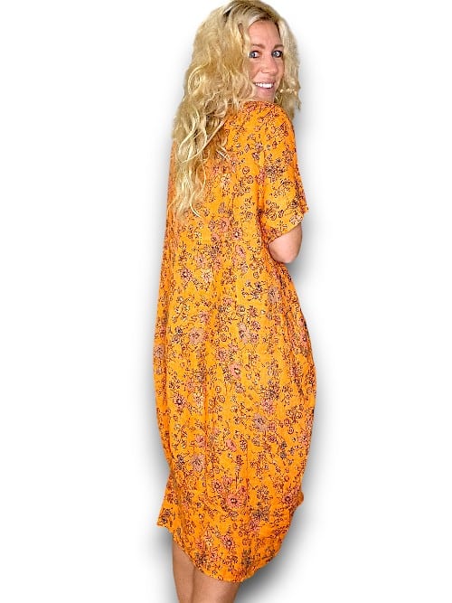 HELGA MAY_MID SLEEVE MAXI DRESS LINEN GRAPHIC BLOOM ORANGE _ MID SLEEVE MAXI DRESS LINEN GRAPHIC BLOOM ORANGE _ Ebony Boutique NZ