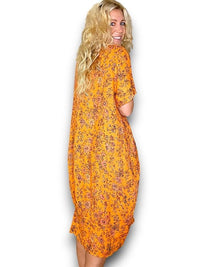 HELGA MAY_MID SLEEVE MAXI DRESS LINEN GRAPHIC BLOOM ORANGE _ MID SLEEVE MAXI DRESS LINEN GRAPHIC BLOOM ORANGE _ Ebony Boutique NZ