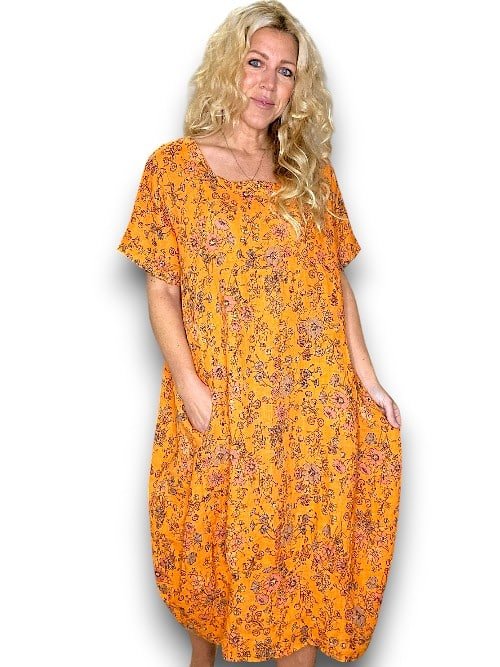 HELGA MAY_MID SLEEVE MAXI DRESS LINEN GRAPHIC BLOOM ORANGE _ MID SLEEVE MAXI DRESS LINEN GRAPHIC BLOOM ORANGE _ Ebony Boutique NZ