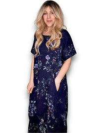 HELGA MAY_MID SLEEVE MAXI DRESS LINEN LINGONBERRY NAVY _ MID SLEEVE MAXI DRESS LINEN LINGONBERRY NAVY _ Ebony Boutique NZ