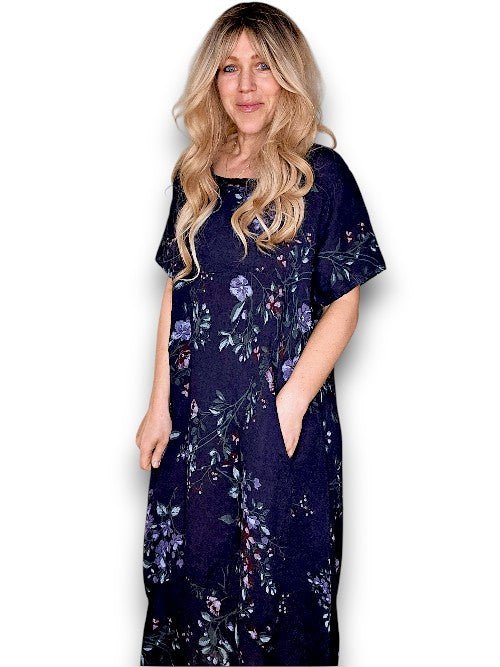 HELGA MAY_MID SLEEVE MAXI DRESS LINEN LINGONBERRY NAVY _ MID SLEEVE MAXI DRESS LINEN LINGONBERRY NAVY _ Ebony Boutique NZ