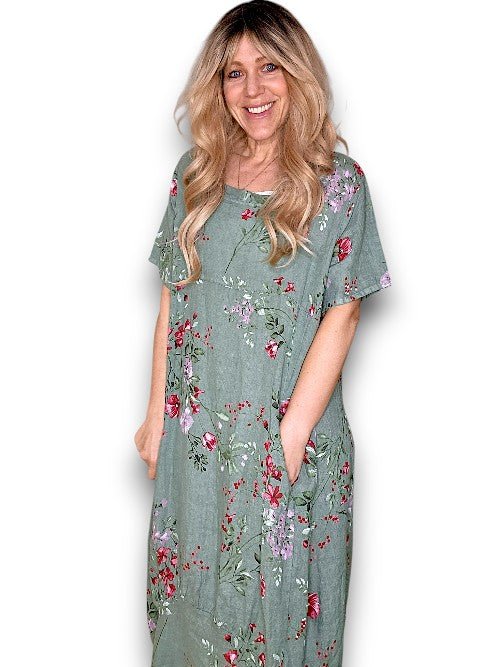 HELGA MAY_MID SLEEVE MAXI DRESS LINEN LINGONBERRY SAGE _ MID SLEEVE MAXI DRESS LINEN LINGONBERRY SAGE _ Ebony Boutique NZ