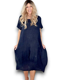 HELGA MAY_MID SLEEVE MAXI DRESS LINEN NAVY _ MID SLEEVE MAXI DRESS LINEN NAVY _ Ebony Boutique NZ