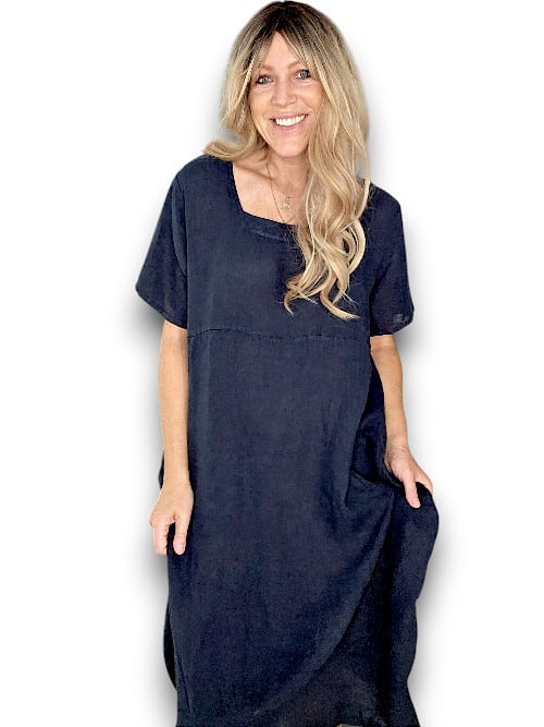 HELGA MAY_MID SLEEVE MAXI DRESS LINEN NAVY _ MID SLEEVE MAXI DRESS LINEN NAVY _ Ebony Boutique NZ