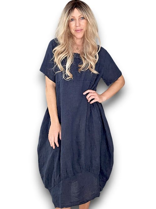 HELGA MAY_MID SLEEVE MAXI DRESS LINEN NAVY _ MID SLEEVE MAXI DRESS LINEN NAVY _ Ebony Boutique NZ