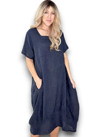 HELGA MAY_MID SLEEVE MAXI DRESS LINEN NAVY _ MID SLEEVE MAXI DRESS LINEN NAVY _ Ebony Boutique NZ