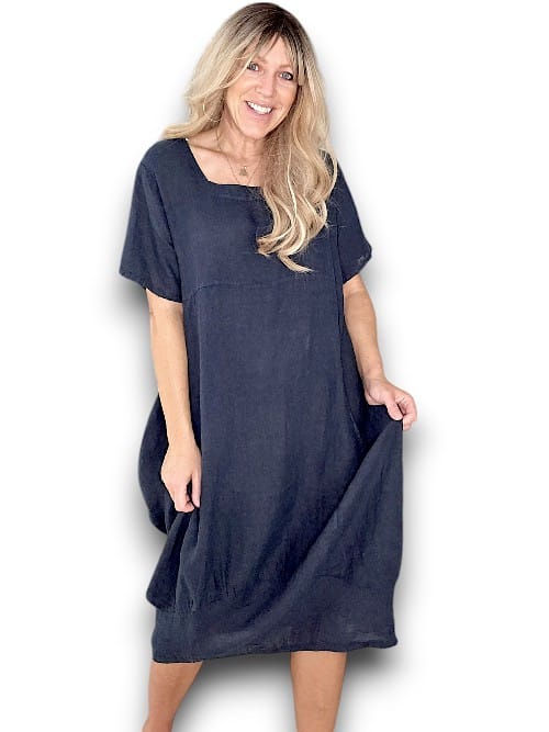 HELGA MAY_MID SLEEVE MAXI DRESS LINEN NAVY _ MID SLEEVE MAXI DRESS LINEN NAVY _ Ebony Boutique NZ