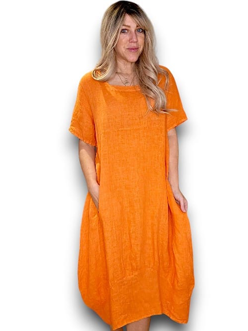 HELGA MAY_MID SLEEVE MAXI DRESS LINEN ORANGE _ MID SLEEVE MAXI DRESS LINEN ORANGE _ Ebony Boutique NZ