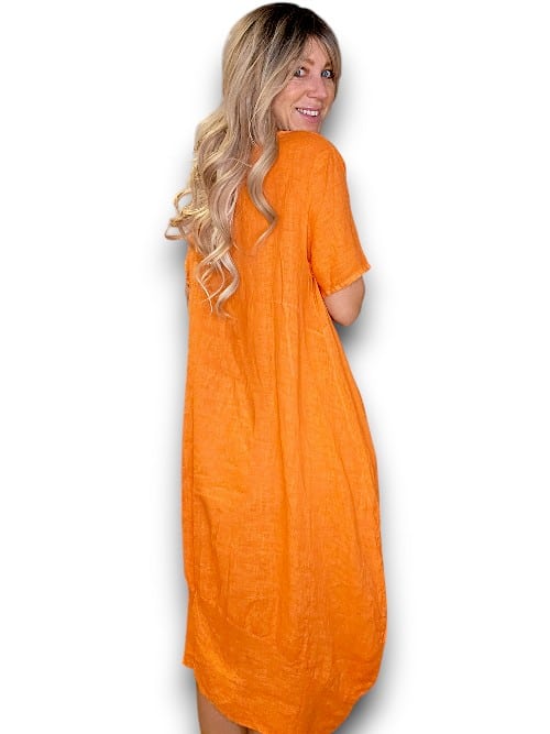 HELGA MAY_MID SLEEVE MAXI DRESS LINEN ORANGE _ MID SLEEVE MAXI DRESS LINEN ORANGE _ Ebony Boutique NZ