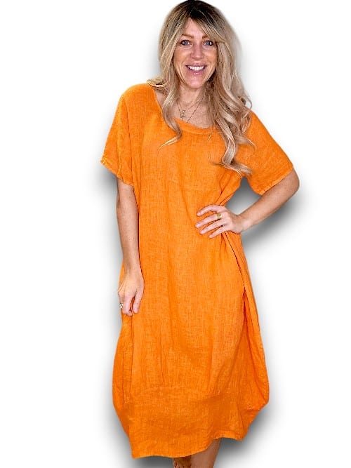 HELGA MAY_MID SLEEVE MAXI DRESS LINEN ORANGE _ MID SLEEVE MAXI DRESS LINEN ORANGE _ Ebony Boutique NZ