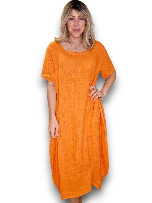 HELGA MAY_MID SLEEVE MAXI DRESS LINEN ORANGE _ MID SLEEVE MAXI DRESS LINEN ORANGE _ Ebony Boutique NZ