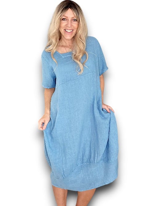 HELGA MAY_MID SLEEVE MAXI DRESS LINEN SKY BLUE _ MID SLEEVE MAXI DRESS LINEN SKY BLUE _ Ebony Boutique NZ