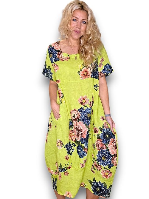 HELGA MAY_MID SLEEVE MAXI LINEN DRESS PETAL BLOOM BRIGHT GREEN _ MID SLEEVE MAXI LINEN DRESS PETAL BLOOM BRIGHT GREEN _ Ebony Boutique NZ